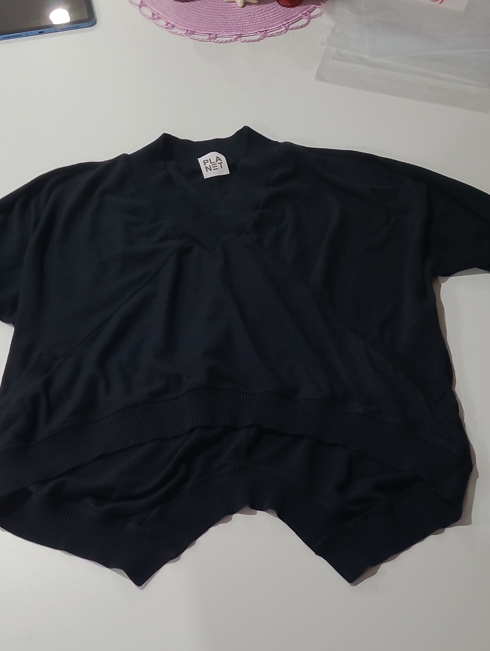 Planet V-Neck Short Sleeve Sweater in Black